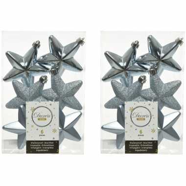 12x lichtblauwe kunststof sterren kerstballen/ kersthangers 7 cm