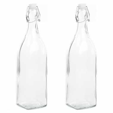 2x stuks diy glazen cadeau/decoratie flesje 1000ml/1ltr met beugeldop 8 x 32 cm