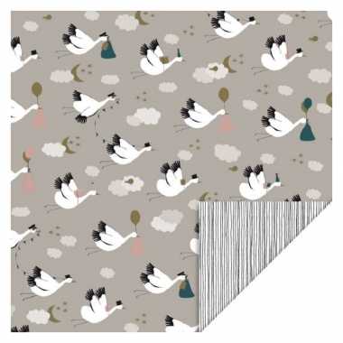 3x rollen inpakpapier/cadeaupapier geboorte/ooievaar thema 200 x 70 cm