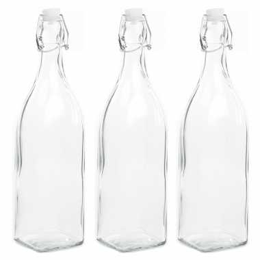 3x stuks diy glazen cadeau/decoratie flesje 1000ml/1ltr met beugeldop 8 x 32 cm