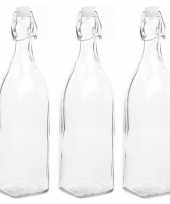 3x stuks diy glazen cadeau decoratie flesje 1000ml 1ltr met beugeldop 8 x 32 cm